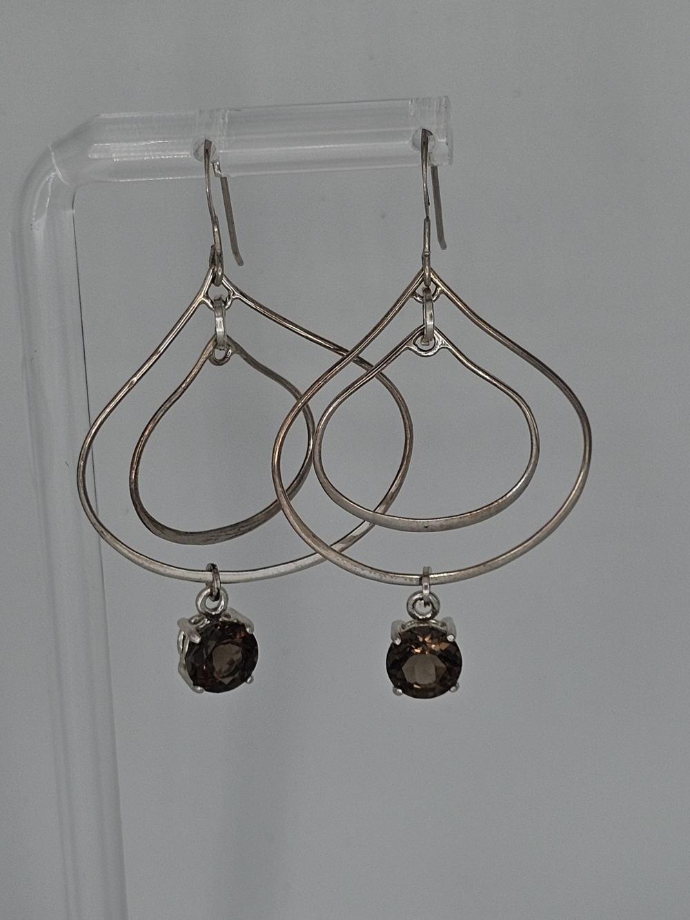 Silver-Silver Double Teardrop Earrings with Smokey Quartz Drops